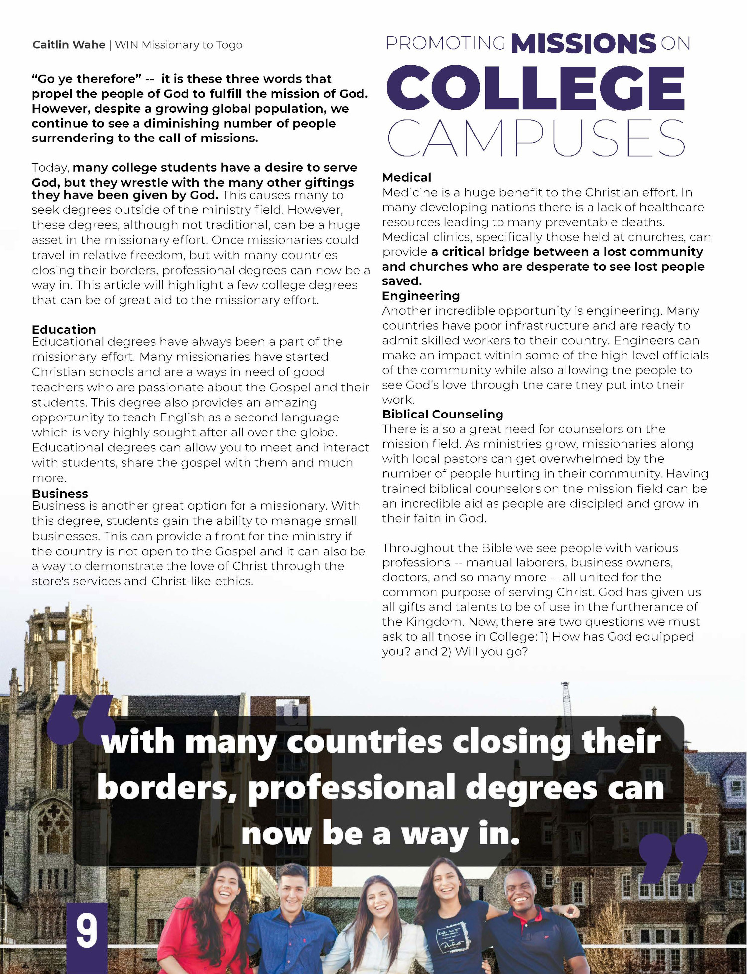 Promoting Colleges Promoting Missions on College Campuses – The Bridge